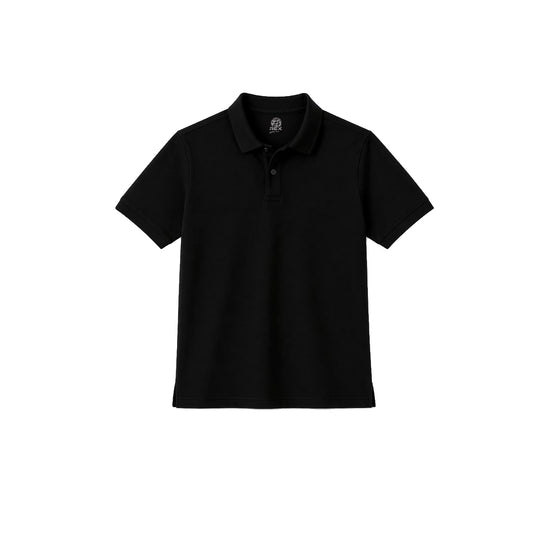 classic Unisex Black Polo with Ribbed Collar and smooth Cotton Finish.